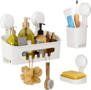 Douche plank set met zuignap – Badkamer organizer zonder boren – Douchemand en zeepbakje – Set van 3 wit