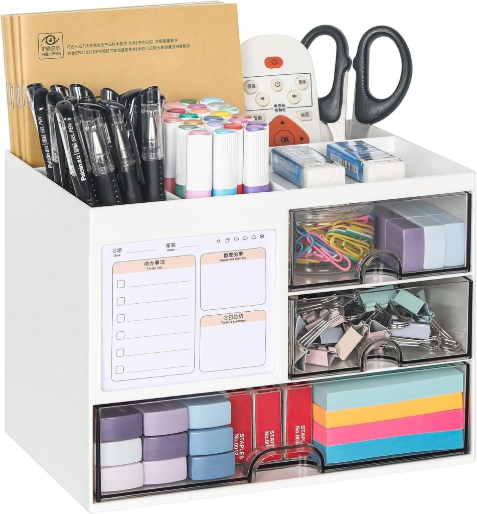 Bureau organizer met laden wit multifunctionele pennenhouder bureau 3 compartimenten ladeverdeler kantoor school thuis compacte opbergbox bureau accessoire