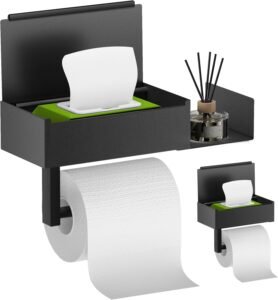 Toiletpapierhouder zonder boren – Houder met natte doekjes vak – RVS anti-vingerafdruk wandmontage – Mat zwart met plankschap