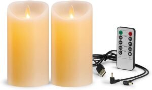LED kaarsen set van 2 oplaadbaar – Realistische wax flikkerende vlam – Afstandsbediening met timer USB – 7,5 x 15 cm