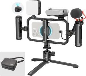 Smartphone video rig met LED – Vlogging stabilizer kit – Quick release statief microfoon – Dubbele handgrepen powerbank