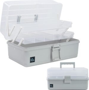 Grijze opbergbox met 3 lagen en 2 uittrekbare trays met compartimenten voor gereedschap, medicijnen en hobbyspullen
