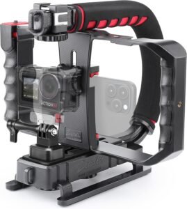 Handstabilisator video stabilizer – Smartphone en camera voor vloggen – Drievoudige hot shoe bevestiging – Schokabsorberend filmen