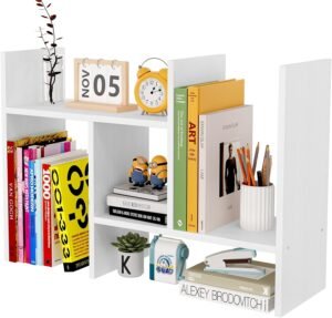 Bureau Organizer Boekenrek – Verstelbare Bureauplank voor Boeken en Kantooraccessoires – Vrijstaand Opbergrek van Melamineboard – Wit 41 x 19 x 42 cm