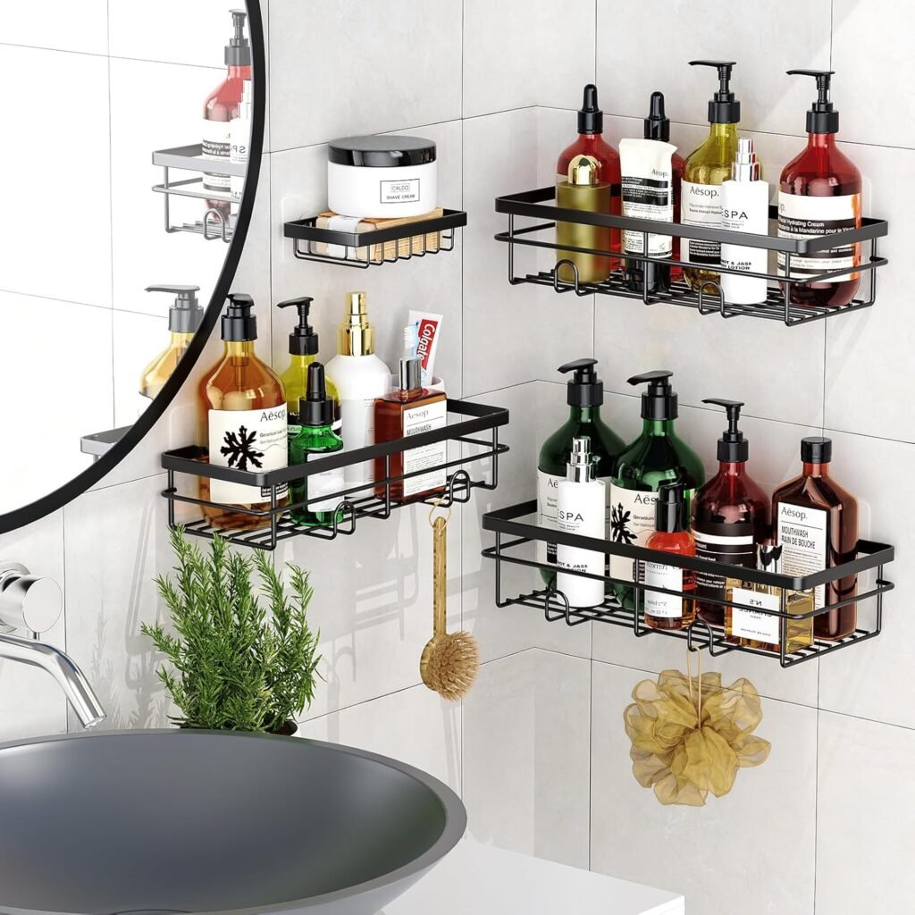 Doucheplank zonder boren set van 4 zwarte doucherekken voor badkamer shampoo houder en ruimtebesparende douche opberging