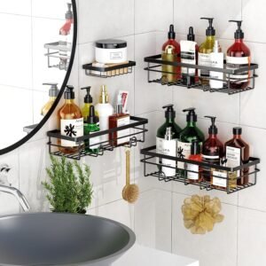 Doucheplank zonder boren set van 4 – Badkamer organizer shampoo houder – Doucherek zwart ruimtebesparend – Zelfklevend wandmontage systeem