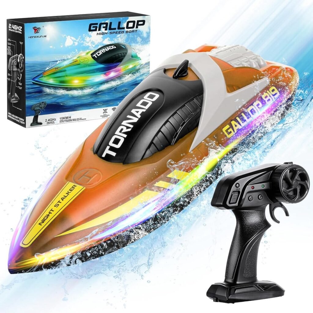 rc speedboot met led verlichting afstandsbediening 2.4ghz 15kmh oplaadbare batterijen capsize herstel oranje speelgoed boot