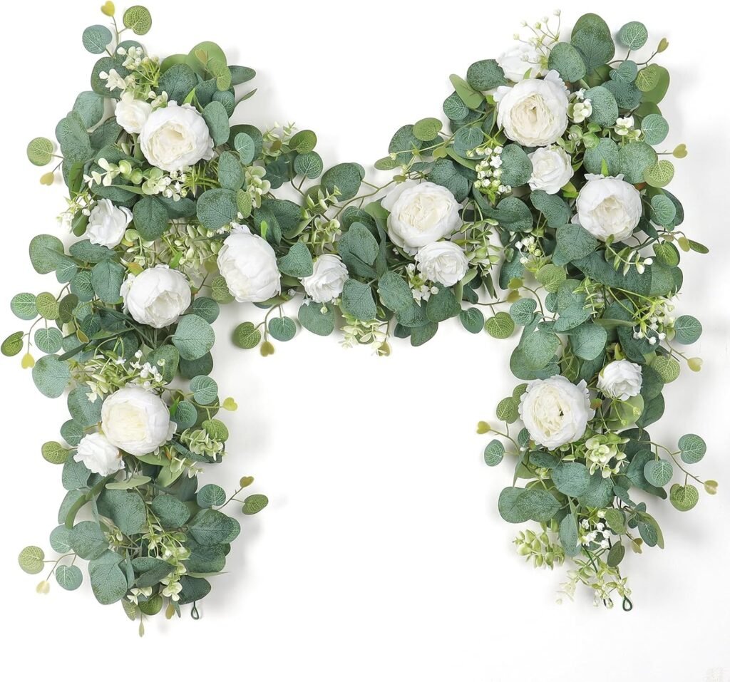 Kunstmatige bloemenkrans set van 2 eucalyptus slinger met witte pioenrozen en rozen wanddecoratie bruiloft deur decor vintage