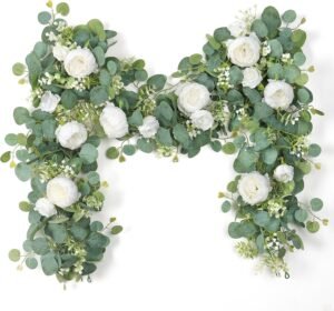 Kunstmatige bloemenkrans set van 2 – Eucalyptus slinger wanddecoratie – Bruiloft deur feestdecoratie – Witte pioenrozen rozen vintage
