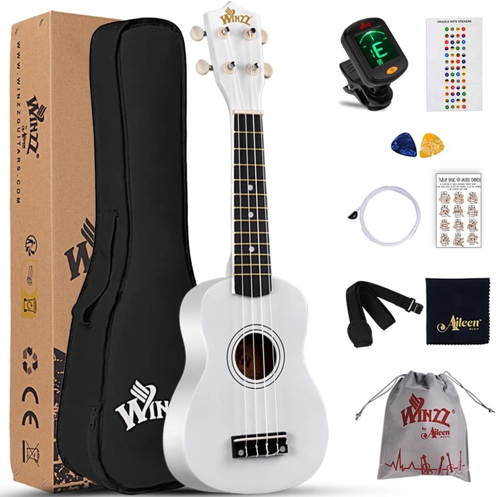 sopraan ukulele starter set 21 inch wit beginners ukelele met draagtas clip-on tuner accessoires snaren riem plectrum akkoordkaart poetsdoek