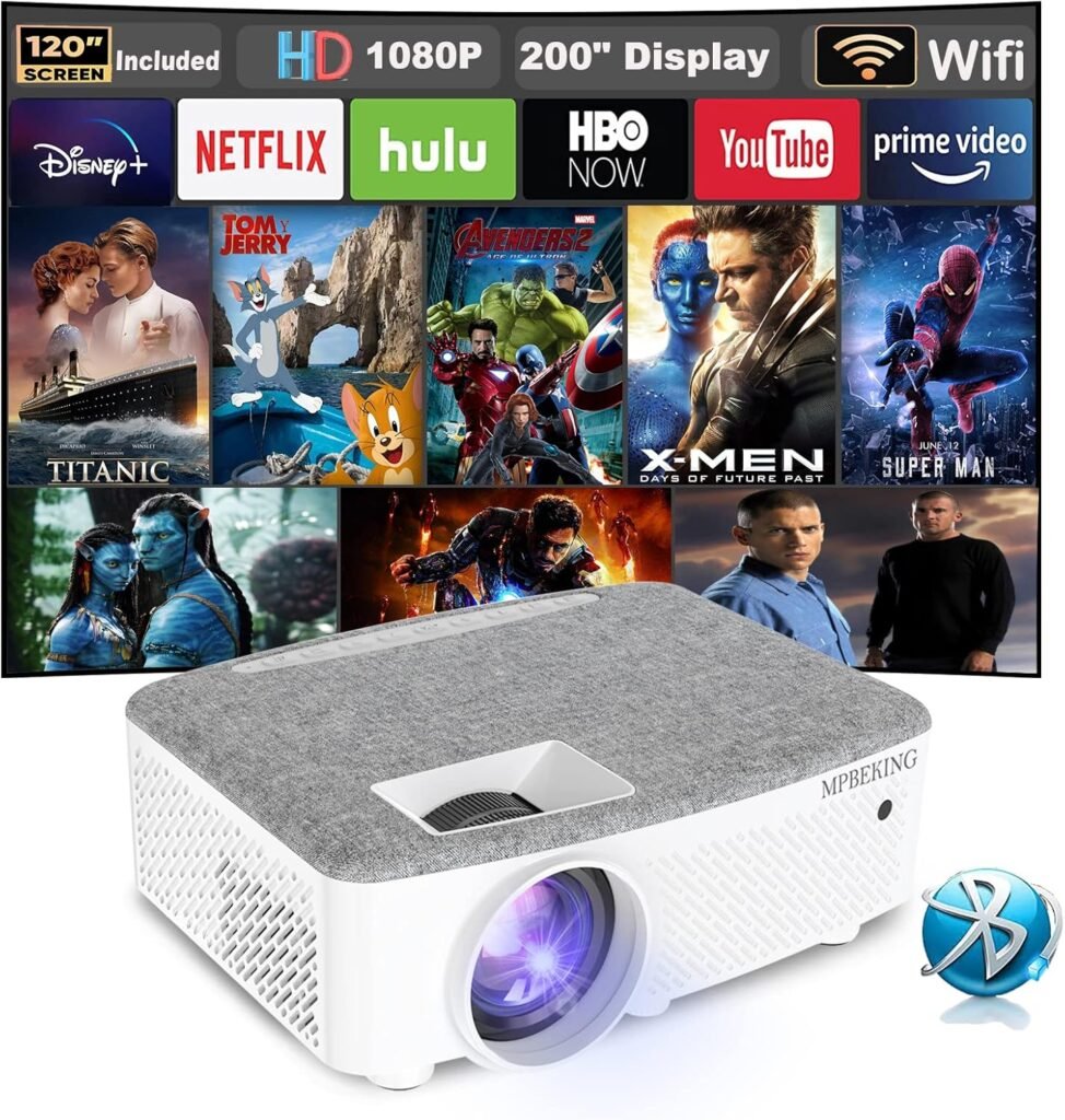 WiFi beamer 7500 lumen projector 120 inch scherm draadloze WLAN Bluetooth 1080p compatibel smartphone tablet Fire Stick ingebouwde luidspreker