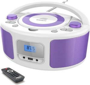 Draagbare CD speler Bluetooth – Boombox FM radio USB MP3 – Afstandsbediening CD-R/CD-RW compatibel – Wit/paars