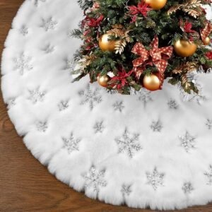 Pluche Kerstboomkleed 90 cm – Witte Kunstbont Boomrok met Sneeuwvlok Design – Decoratieve Kerstboomrok voor Kerstboomstandaard