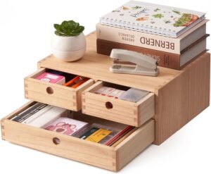 Houten Bureau Organizer – Opbergtray met 3 Lades – Kantooraccessoires en Sieraden Opberger – Natuurlijke Houtafwerking