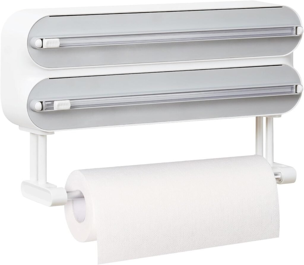 Keuken rollenhanger met 3-weg foliesnijder en magnetische aluminiumfolie dispenser wit