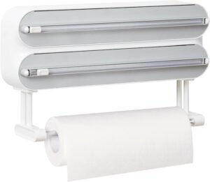 Aluminiumfolie Dispenser met Foliesnijder – Vershoudfolie Snijder en Keukenrolhouder – Magnetische Rollenhanger met 3-weg Snijsysteem – Wit