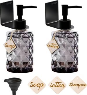 Set van 2 glazen zeepdispensers zwart met wandmontage en houten labels voor badkamer en keuken 330 ml