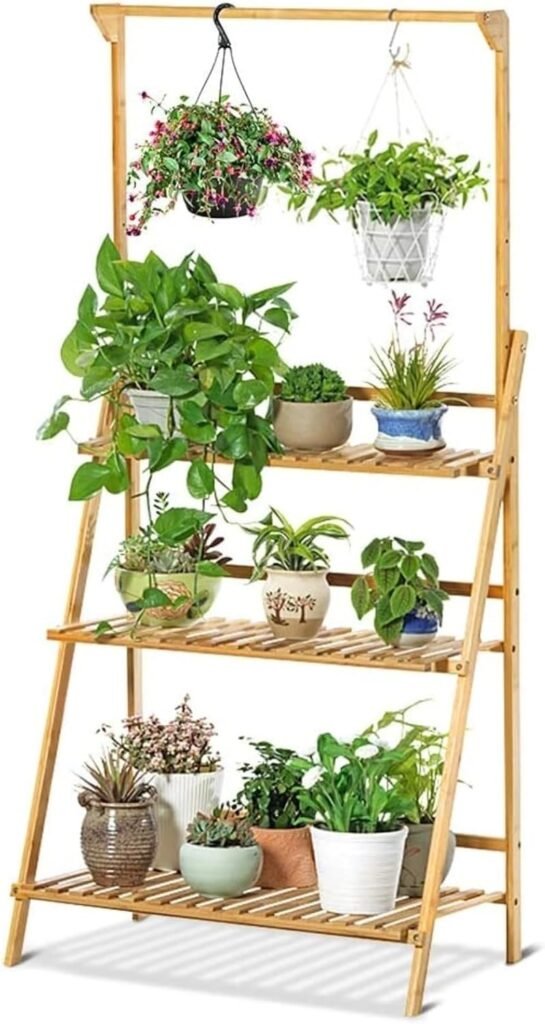 Bamboe plantenrek met verstelbare plantenstandaard en bloemenladder voor balkon en tuin