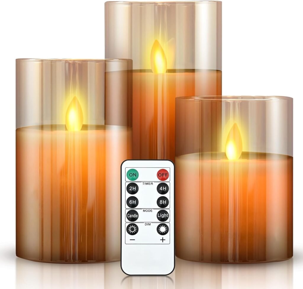 Flameloze LED kaarsen set van 3 met afstandsbediening, dimbare kaarsen van echt was in glas met dansende vlam voor binnen en buiten