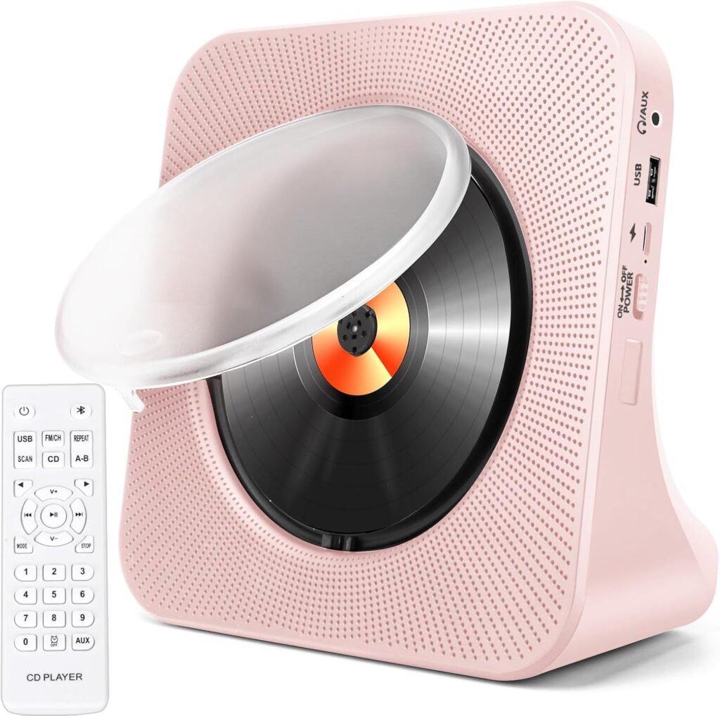 Draagbare CD speler met Bluetooth in roze, HiFi speakers, FM radio, USB, AUX, afstandsbediening en LED display