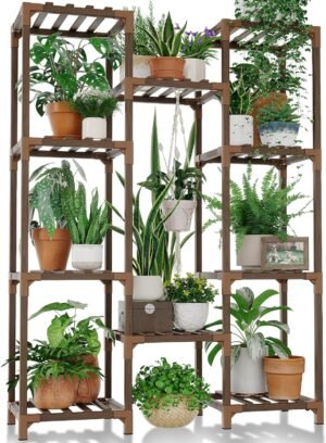 Hangend houten plantenrek voor binnen en buiten voor meerdere planten, geschikt als grote plantenhouder voor woonkamer, balkon, patio en tuin decoratie