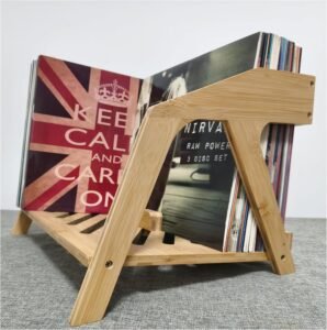 LP Houder Bamboe – Vinyl Platenrek voor 12 inch Platen – Platenstandaard met Opbergruimte voor 80 LP’s – CD en Tijdschriftenhouder