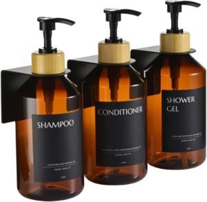 Zeepdispenser Set Wandmontage – Zonder Boren 3 x 500 ml – Navulbare Zeep- en Afwasmiddeldispensers met Bamboe Houder voor Keuken en Badkamer