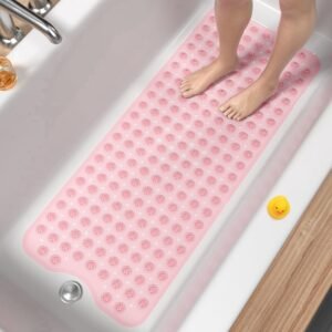 Antislip Douchemat 101×40 cm – Extra Lange Badmat met Zuignappen – Machinewasbare Badkamer Mat met Afvoergaten – Felroze