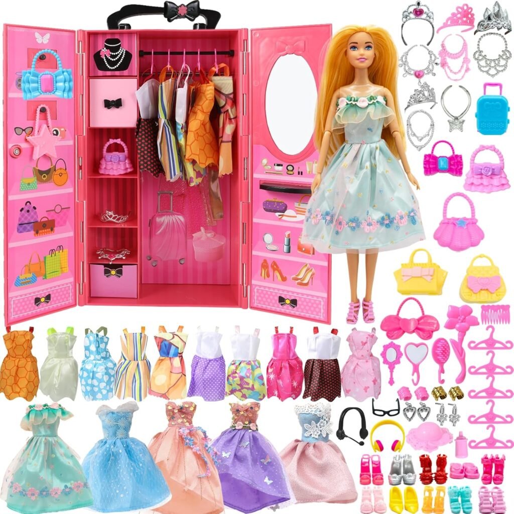 Poppenkledingkast set met 63 accessoires en roze draagbare kast met kleding en spiegel