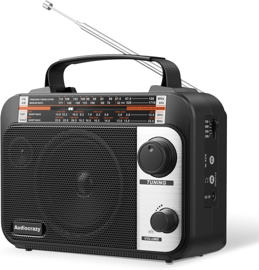 Draagbare multiband radio zwart AM FM SW wereldontvanger oplaadbaar 1800 mAh met AUX en koptelefoon aansluiting