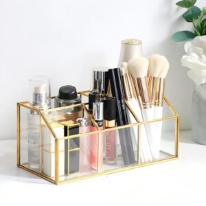 Make-up Organizer Goud – Cosmetica Opbergdoos met 5 Compartimenten – Glazen Make-up Borstelhouder – Vintage Opberger