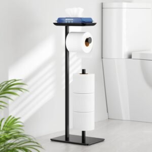 Staande Toiletpapierhouder Zwart – Toiletrolhouder met Opbergplank – Badkameraccessoire met Ruimte voor 4 Reserve Rollen – Vrijstaand Model