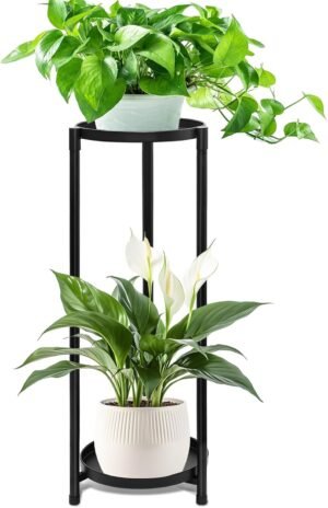 Zwart metalen plantenrek met 2 lagen voor bloemen en planten binnen en buiten