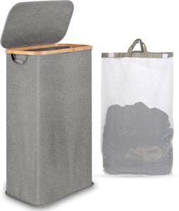Wasmand 60L met deksel – Smalle opvouwbare wasmand met bamboe handvat – Wasgoed organizer met afneembare binnenzak – Grijs