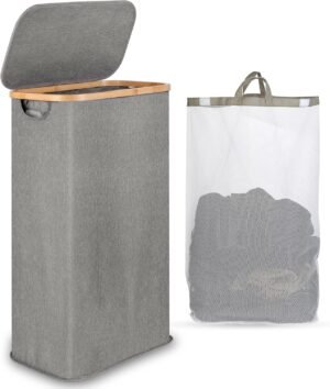 Slanke wasmand 60L met deksel, bamboe handvat en afneembare binnenzak in grijs voor wasgoed en handdoeken