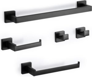Handdoekrek set 5 stuks zwart – Wandgemonteerde handdoekhouder van roestvrij staal – Handdoekhaken en toiletpapierhouder met verborgen schroeven – 43 cm rails