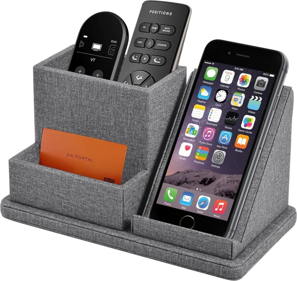 Grijze PU leren bureau organizer met vakken voor pennen, telefoon en kantooraccessoires