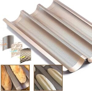 Baguette Bakvorm 3-Vaks met Doek – Perforeerde Antiaanbak Baguette Plaat voor Franse Stokbroden – Ovenbestendig Bakblik 38×24 cm
