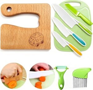 Kinderkoksmes Set 8 Delig – Kindermessen Keukenset met Snijplank en Dunschiller – Veilig Koken voor Kinderen – Houten en Kunststof Messen