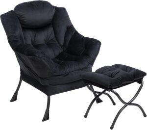 Relaxstoel met Voetenbank – Lounge Fauteuil met Armleuningen – Zwarte Leesstoel voor Woonkamer en Slaapkamer – Stalen Frame