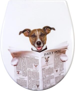 Toiletzitting met soft close en hond motief, Duroplast toiletbril met bovenmontage en snelle demontage