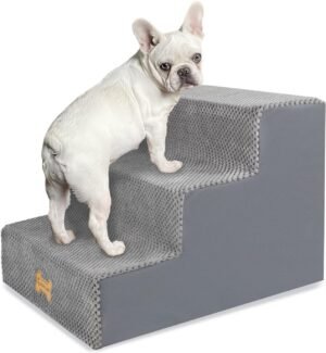 Hondentrap voor bed en bank, antislip huisdiertrap met 3 treden voor kleine honden en katten, schuim met verwijderbare hoes 45x40x34 cm