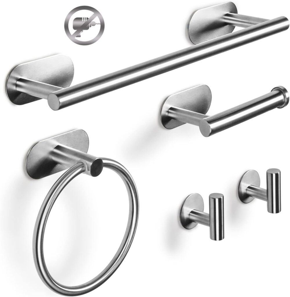 Handdoekrek set 6 stuks zilver met zelfklevende wandmontage voor badkameraccessoires