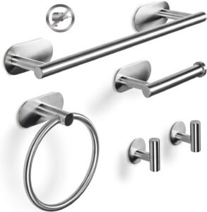 Badkameraccessoires set 6 delig – Handdoekrek en toiletpapierhouder met zelfklevende wandmontage – Handdoekring en haken zonder boren – Zilver