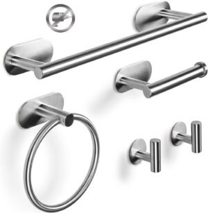 Handdoekrek set 6 stuks zilver met zelfklevende wandmontage voor badkameraccessoires