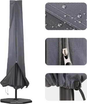 Parasolhoes grijs waterdicht 600D Oxford beschermhoes met rits voor tuinparasol 1.8 tot 3.4 meter UV en regenbescherming 190x25x48 cm