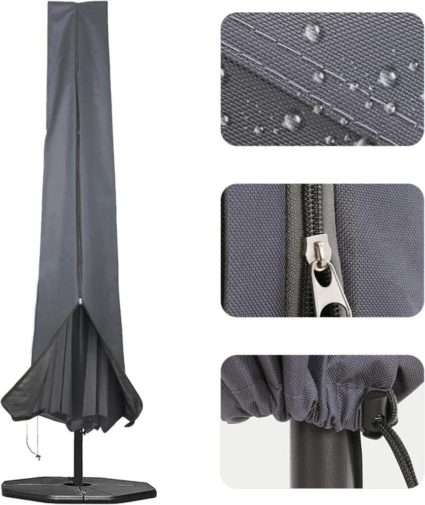 Parasolhoes grijs waterdicht 600D Oxford beschermhoes met rits voor tuinparasol 1.8 tot 3.4 meter UV en regenbescherming 190x25x48 cm