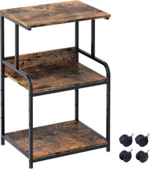3-laags printerstandaard met wielen en opbergruimte voor printer, scanner en kantooraccessoires in houtkleur