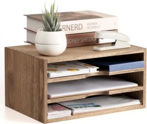 Bureau Documenten Organizer met 3 Compartimenten – Desktop Bestandenrek voor Mappen en Kantoor – Donkerbruin Opbergsysteem