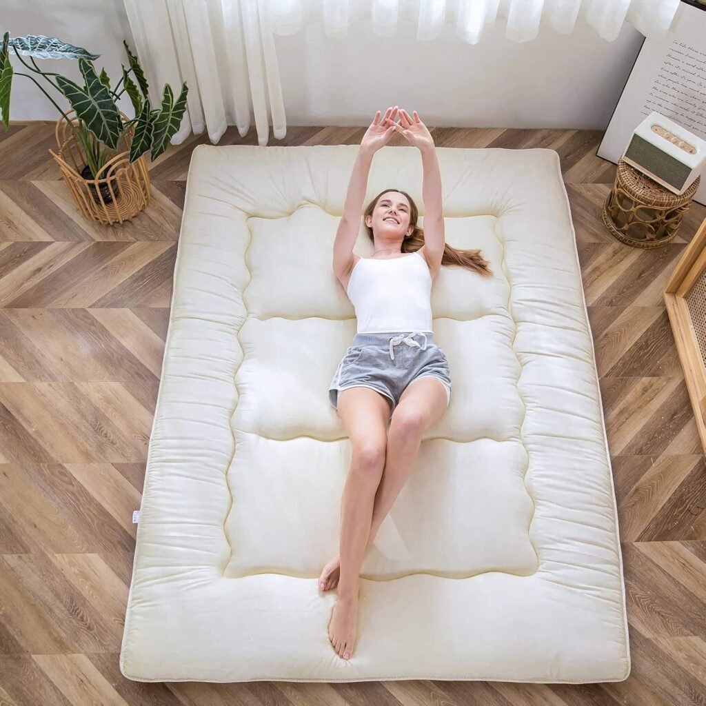 Gequilte Japanse futon matras 90x190 cm off-white opvouwbare slaapmat voor camping en slaapkamer